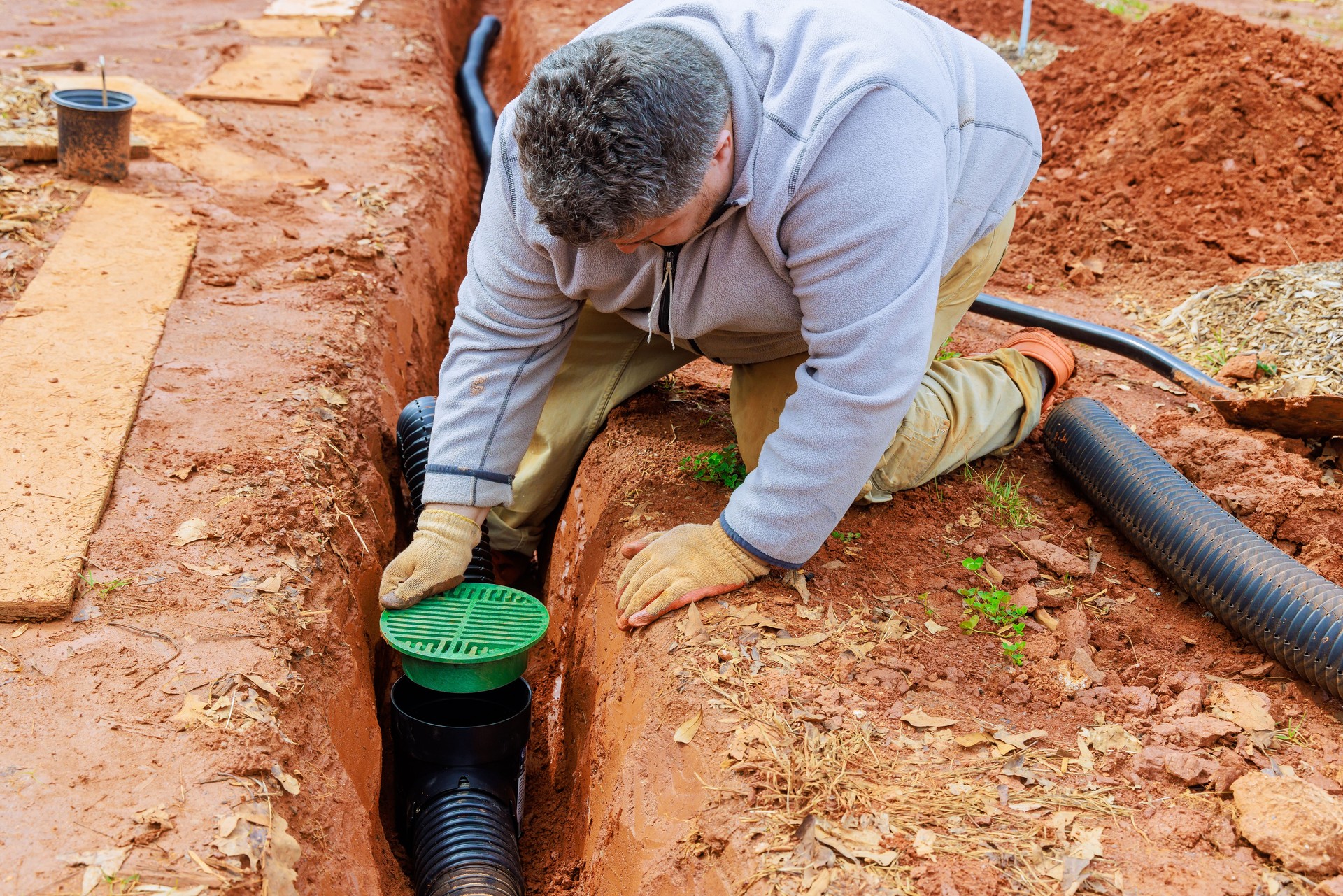 Laying underground drainage pipe system for outflow of rain a stormwater